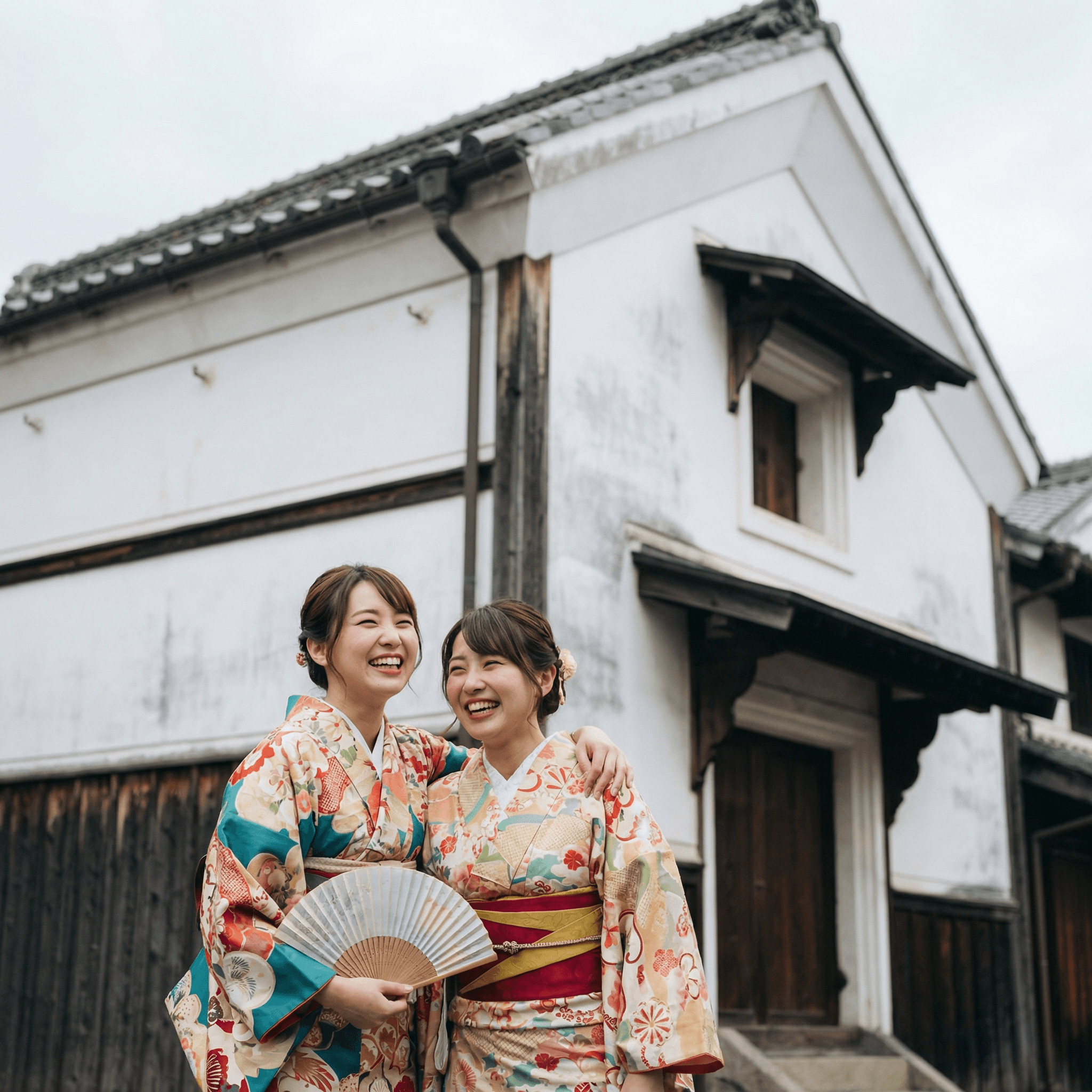 古民家「蔵」の前で着物姿でポーズを取る女性2人組